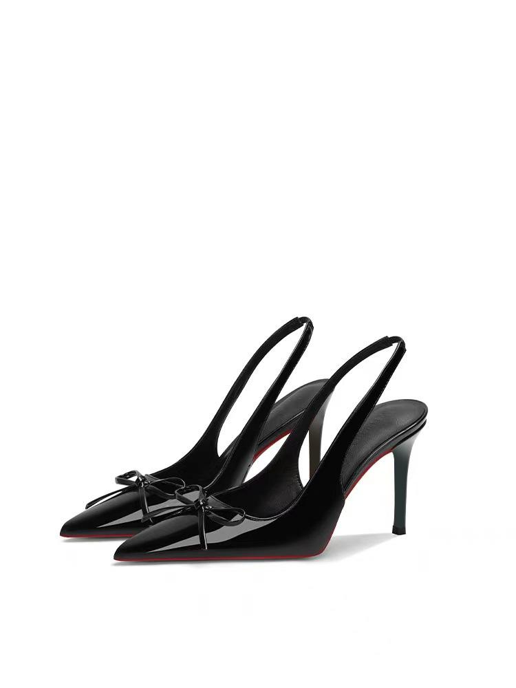 

Nude high heels women s 2025 summer new models, empty pointed head, thin heel, light mouth temperament single shoes, red sole bow sandals 34 чёрный