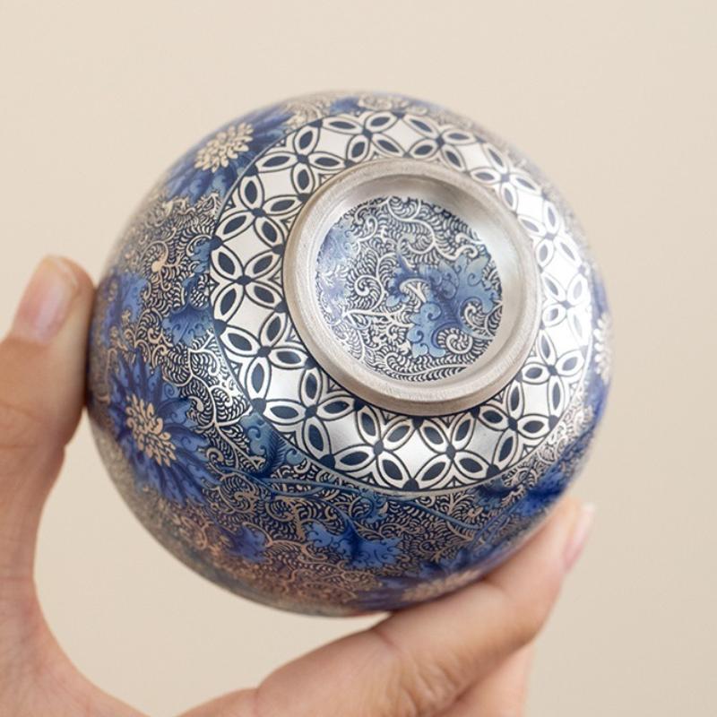 Silver Gilded Blue White Tea Cup Hand Painted Lotus Ceramic Gongfu Set Personal Master Cup Home Use Zen Decor Gift