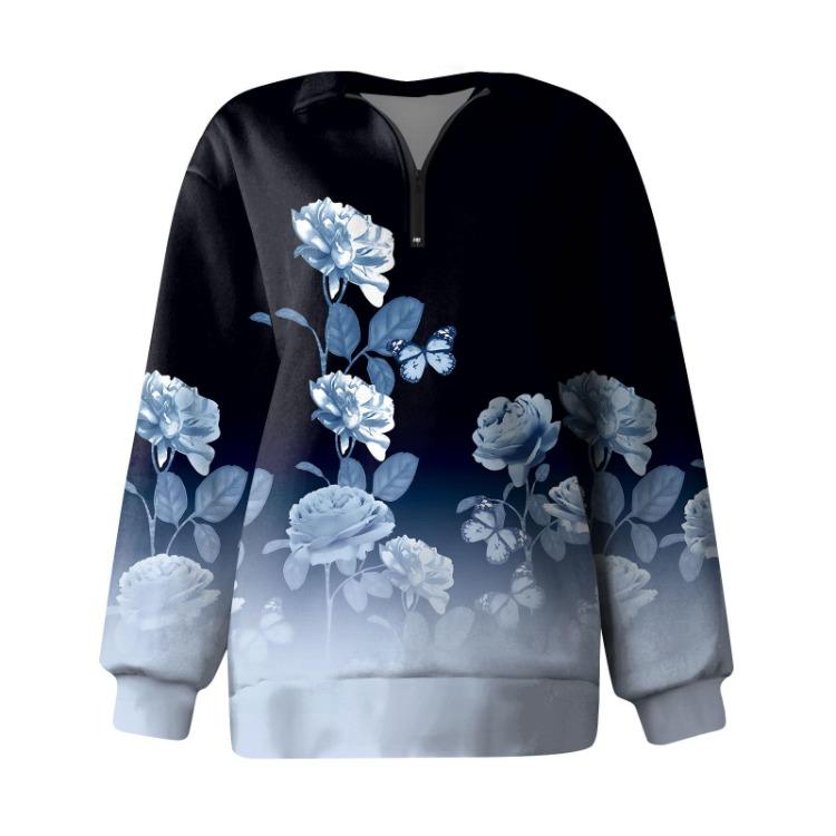 Women's Fashion Casual Oversized Drop Shoulder Floral Print Long Sleeve Zipper Sweatshirts Outdoor