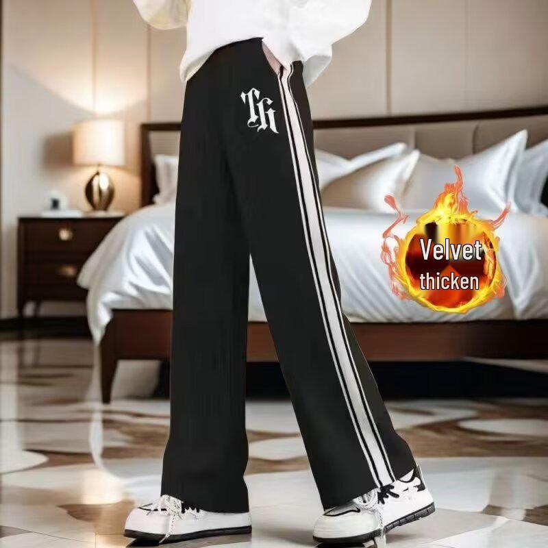 Dziewczęce spodnie z szerokimi nogawkami, podszyte polarem: Jesienno-zimowa odzież sportowa casualowa dla średnich i dużych dzieci