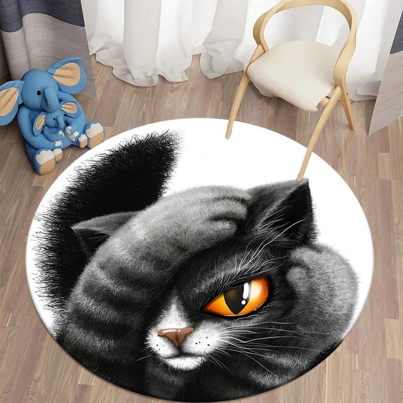 Black Cat Round Carpet Kawaii Cartoon Animal Print Rug for Living Room Bedroom Chair Decor Comfort Yoga Mat Non Slip Floor Mats