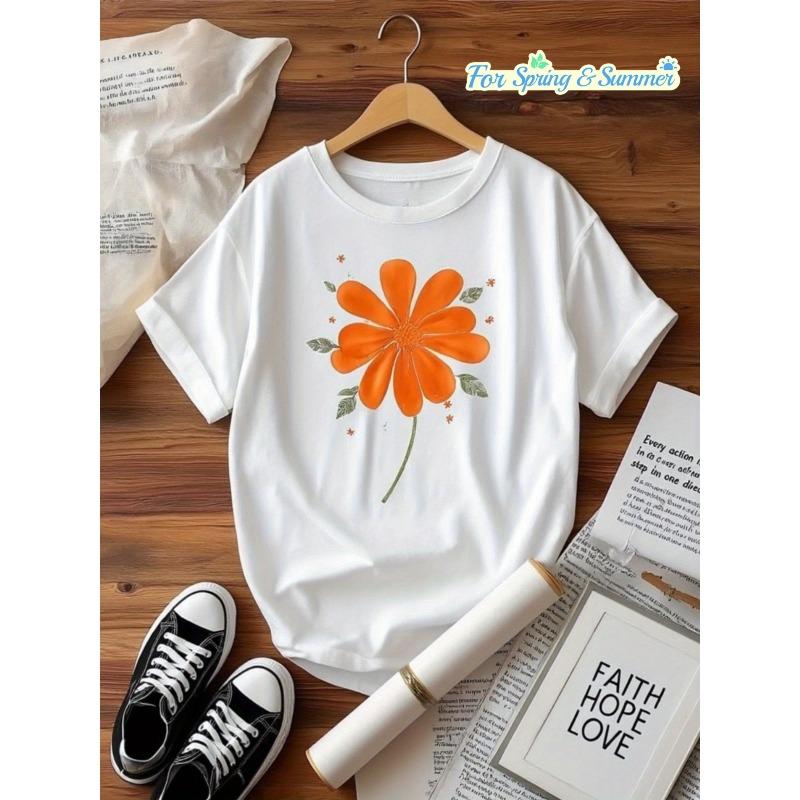Women s White Orange Floral Print Short Sleeve Tee Relaxed Fit Casual Spring Summer Top S белый