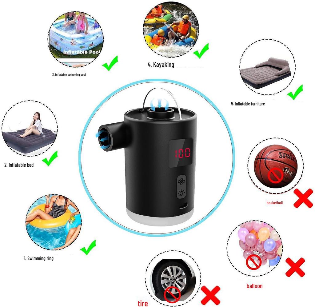 Przenośna elektryczna pompka do pompowania z oświetleniem do materacy powietrznych, kół do pływania i sof