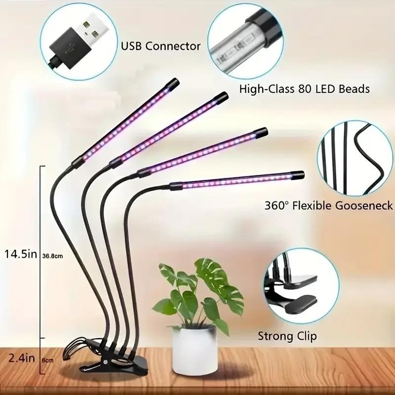 1200LM Luminous Flux Clip-On LED Grow Light with Gooseneck 1/2/3/4-Head Growing Lamp Kit 5V USB Powered Timer & Dimmable, for Greenhouse Hydroponics