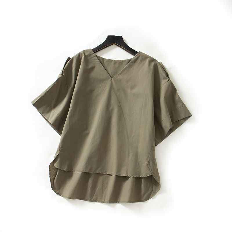 

804 Ежедневный заказ Весеннее поступление Иностранная торговля Женская одежда V-образный вырез Короткий рукав Спереди короткая Сзади длинная Рубашка с коротким рукавом Army Green All yards