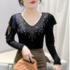 High Quality Spring Autumn Women Blue Black Mesh Inlaid Diamonds Ruffles TShirt Fashion Long Sleeve Slim Tops Sexy V-neck Casual Tees