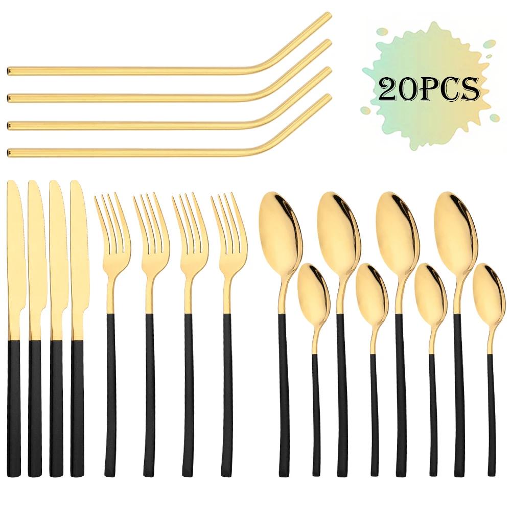 Set di stoviglie di lusso dorate da 20 pezzi Posate in acciaio inossidabile Coltello Forchetta Cucchiaio Cucchiaino Cannuccia in metallo Set di posate Posate da cucina