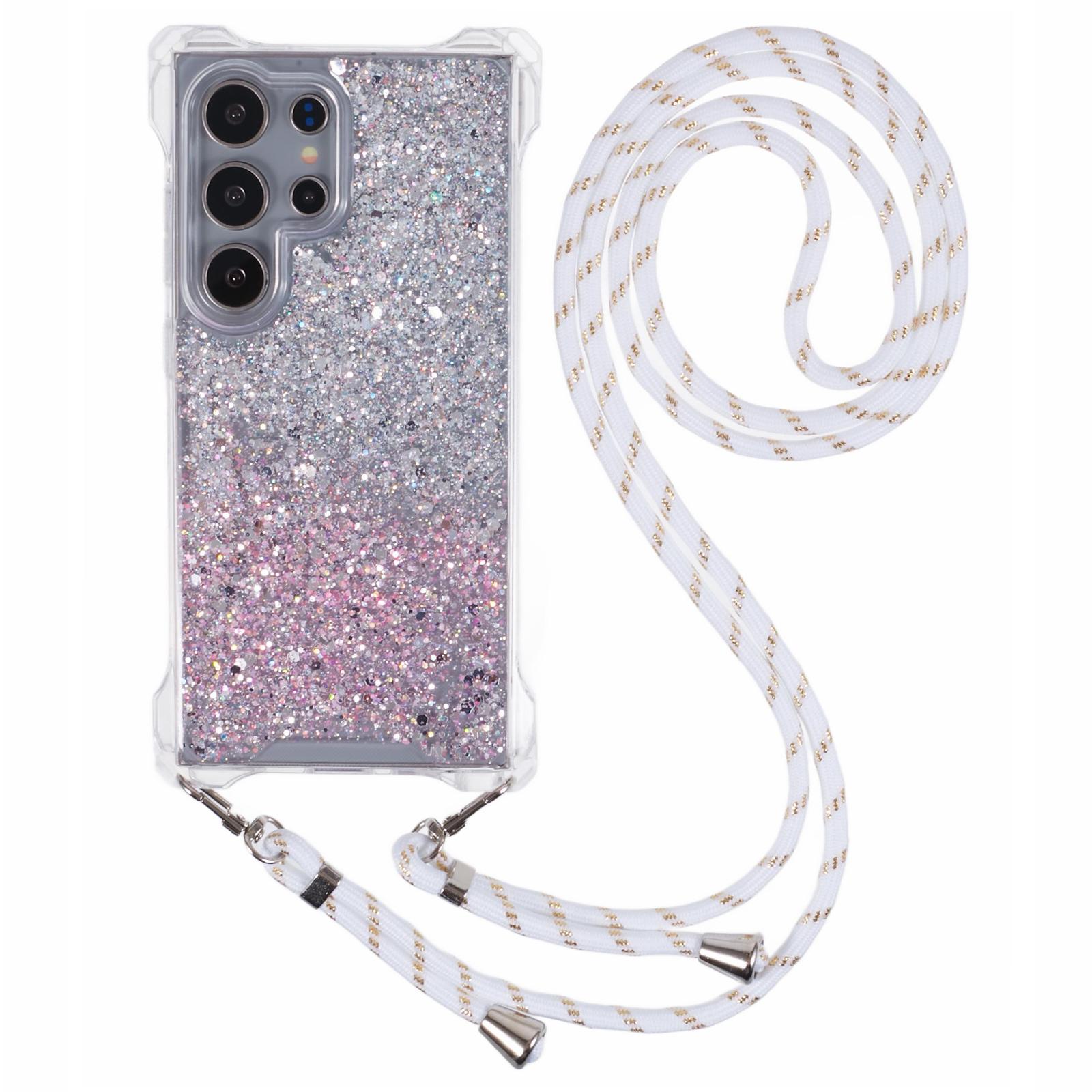 

Для Samsung Galaxy S23 Ultra Чехол Градиентный ТПУ+Акрил Задняя Крышка Телефона с Ремешком Silver+Pink