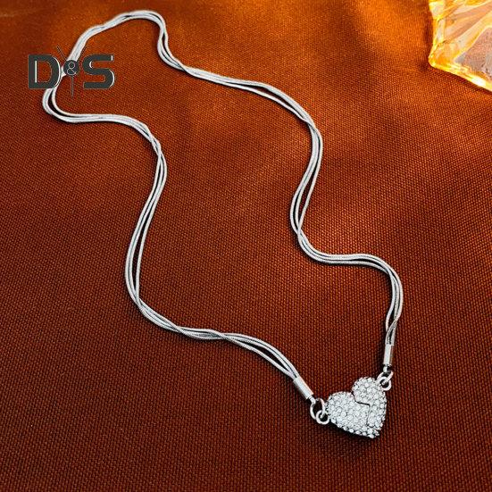 Women Necklace Magnetic Matching Broken Heart Pendant Rhinestone Adjustable Length Hematite Therapy Natural Neck Pain Relief Migraine Healing Choker