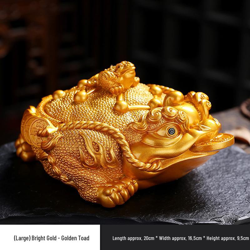 Golden Toad Resin Ashtray with Lid - Chinese Style Ornament for Home, Office, or Tea Table