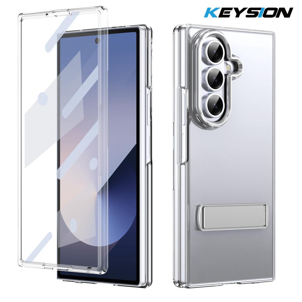KEYSION Transparent Case for Samsung Galaxy Z Fold 7 Hard PC Metal Kickstand Shockproof Phone Cover with Glass Screen Protector