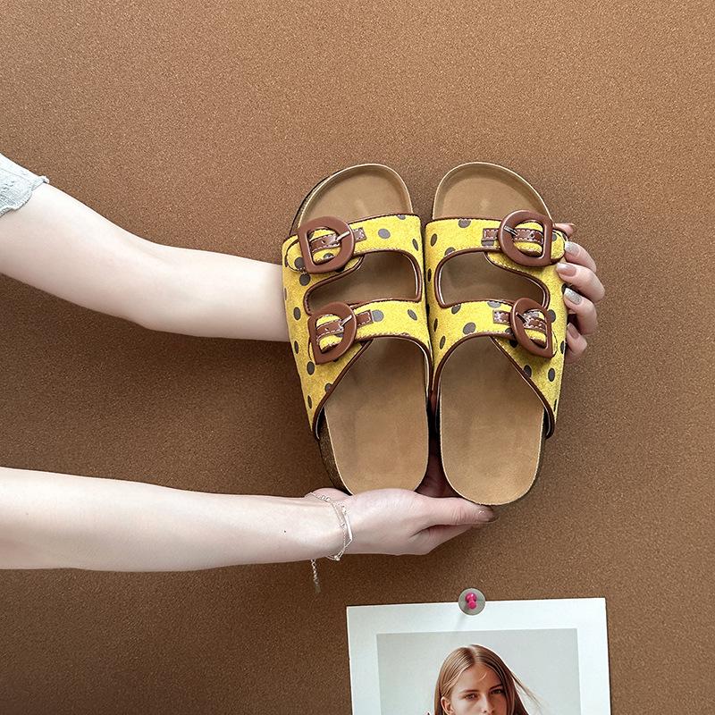 Retro non-slip two-button wood bran slippers summer new fashion platform beach shoes bright casual one-word sandals