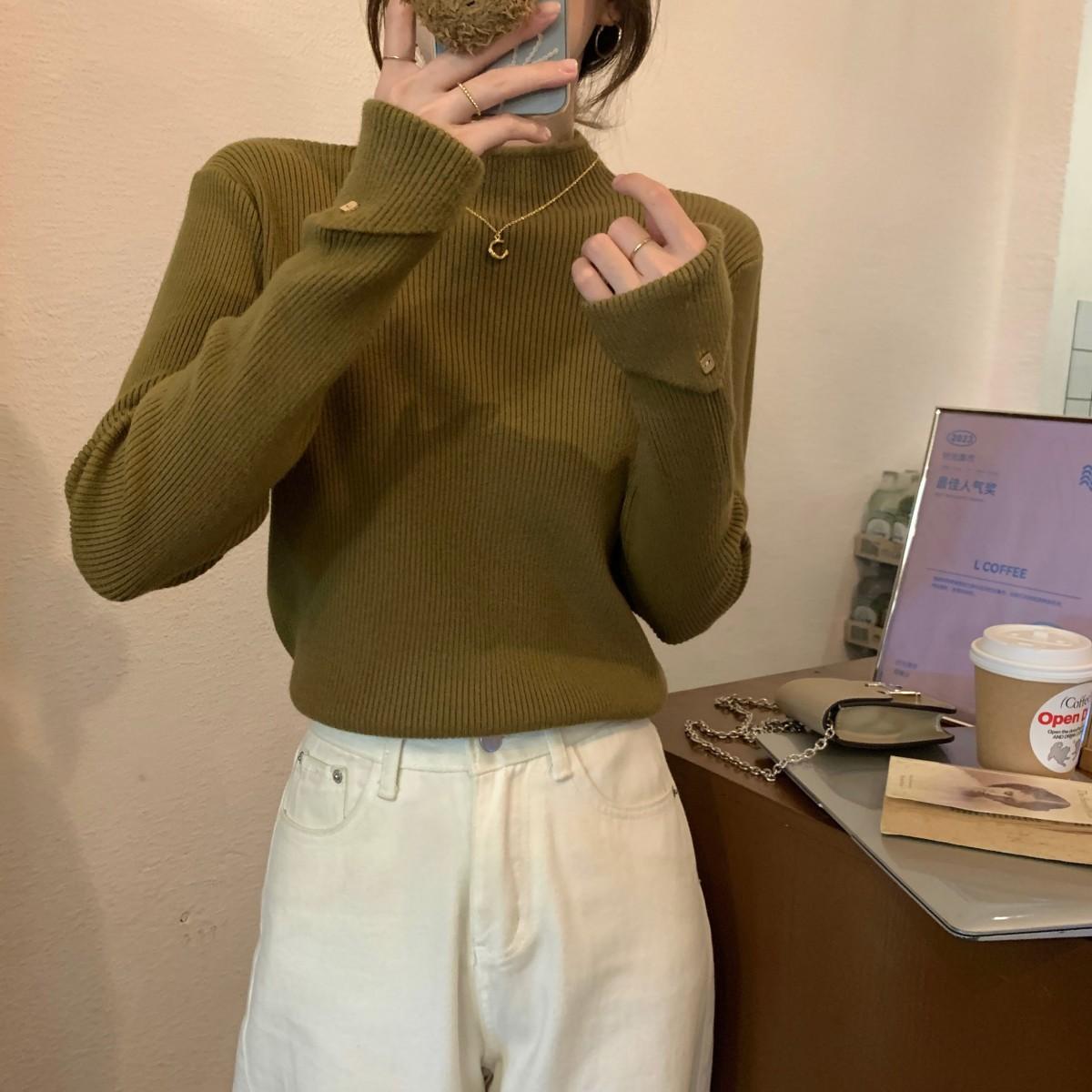 

Кофейного цвета полувысокий ворот вязаный базовый свитер для женщин осень и зима тонкий внутренний свитер верх L дубильная кора