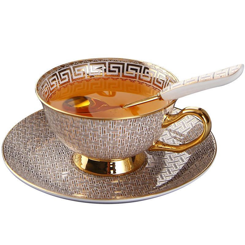 European Style Bone China Tea Cup & Saucer Set - Classic Hand-Painted Floral Design with Gold Trim