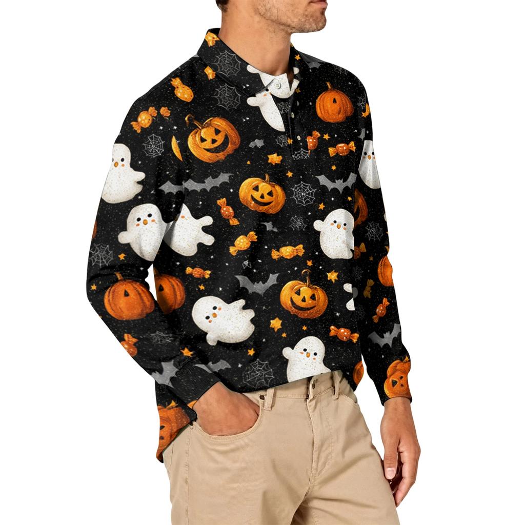 Herren Langarm Poloshirt Leichtes Atmungsaktives Netzgewebe Lässiges Hemd mit Knöpfen Halloween Geister-Aufdruck Design