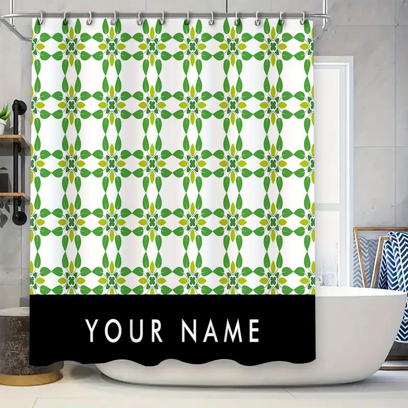 

Customizable Floral Shower Curtain with Your Name Personalization for Bathroom Decor Green Yellow Geometric Design 90x180cm