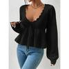 Women's Hollow Out Knitted Sweater Spring Autumn Sexy Deep V Lace Up Pullover Tops Solid Long Sleeve Knitwear Sweater Femme