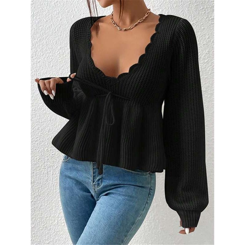 Women's Hollow Out Knitted Sweater Spring Autumn Sexy Deep V Lace Up Pullover Tops Solid Long Sleeve Knitwear Sweater Femme