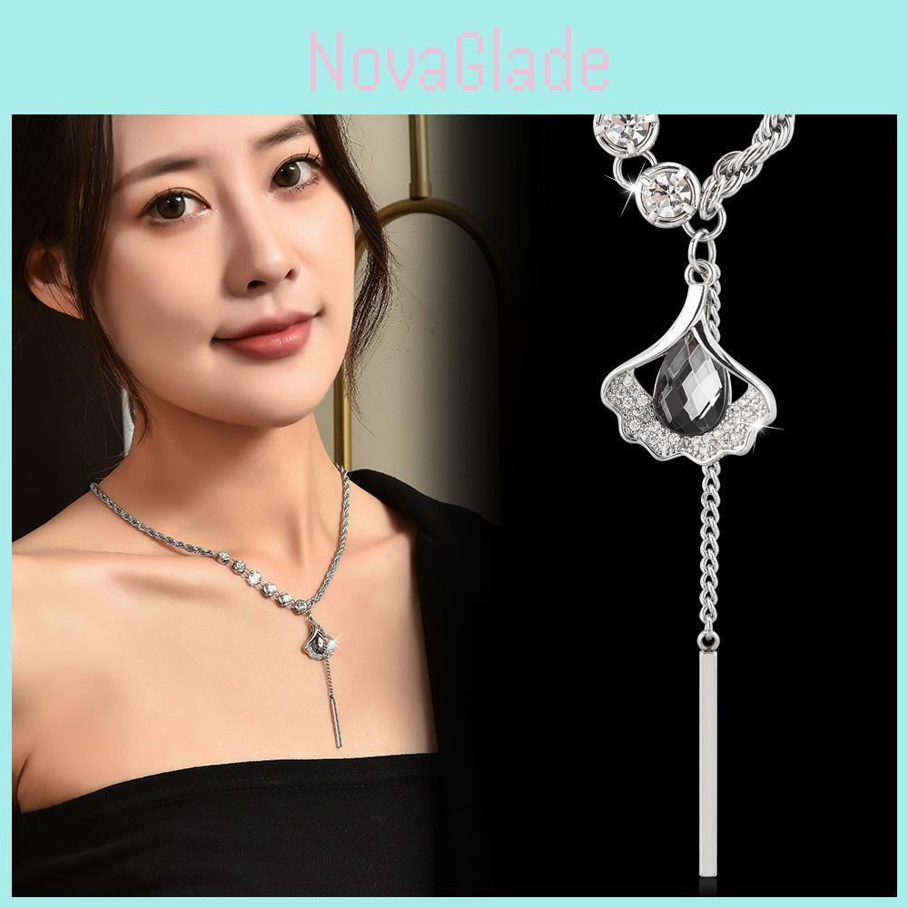 Elegant Crystal Ginkgo Leaf Pendant Necklace Stunning Korean Style For Women