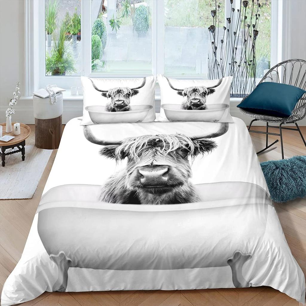 Highland Cow Duvet Cover King Sunflower Black Cattle Bedding Set Microfiber Farm Animal Cow Western Farmhouse Cattle Quilt Cover