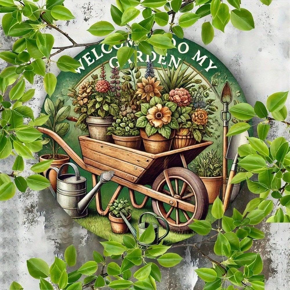 Vintage Round Metal Welcome Plaque 8x8 Inch, Rustic Tin Wall Art for Patio Porch Garden Decor, Weather-Resistant Outdoor