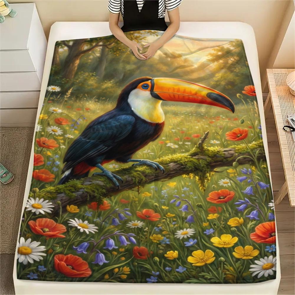 1PC Toucan Oil Painting Print FlAannel Blanket, High quality Comfortable for All Seasons, Home Decor, Warmth and Comfort