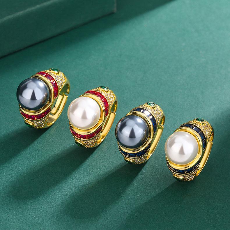 Hua Youmei Gold Plated Luxury Pearl Finger Ring Enamel Zircon Tahitian Grey