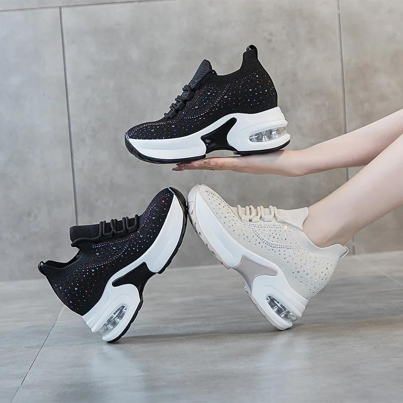 Fashion 8CM Summer Air Mesh Microfiber Vulcanize Chunky Sneaker Lace Up Women Ladies Shoes Spring Fashion Leather Flats Platform Wedge