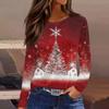 Women's Fashion Casual Slit Hem Round Neck Long Sleeve Loose Christmas Printed T-Shirt Ladies Top