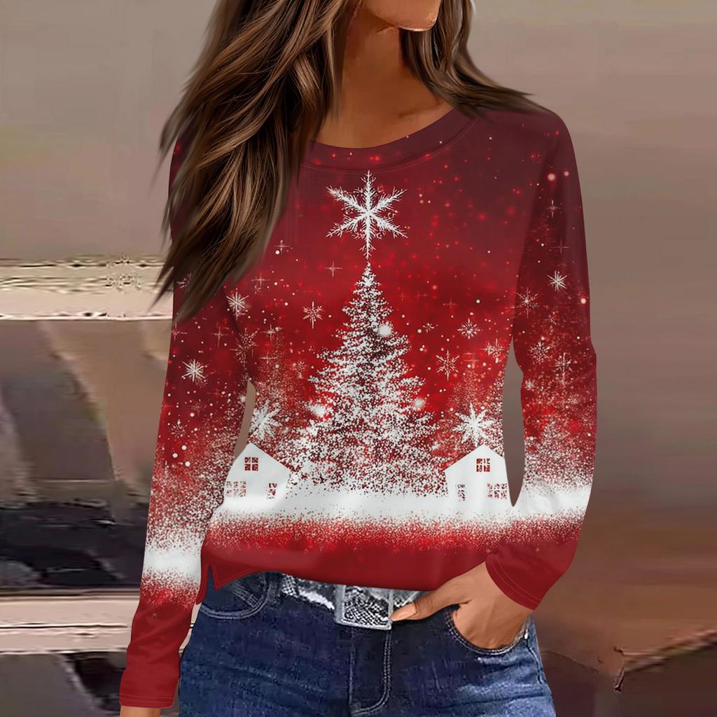 Women's Fashion Casual Slit Hem Round Neck Long Sleeve Loose Christmas Printed T-Shirt Ladies Top