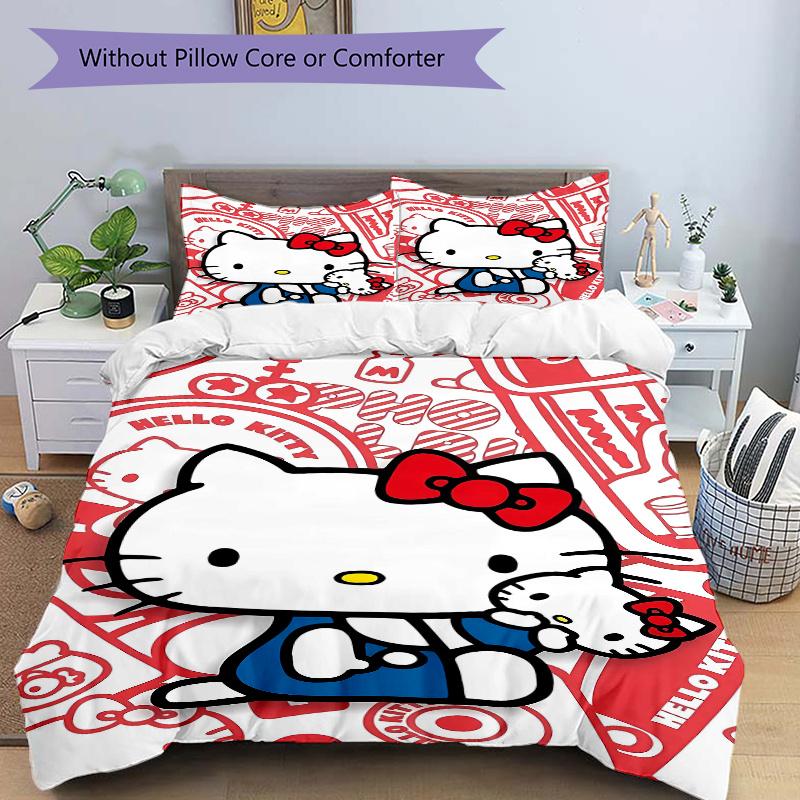 3pcs Cute Hello Kitty Design Printed Quilt Set Soft and Comfortable Quilt Cover for Bedroom, Guest Room Bedding Set W022