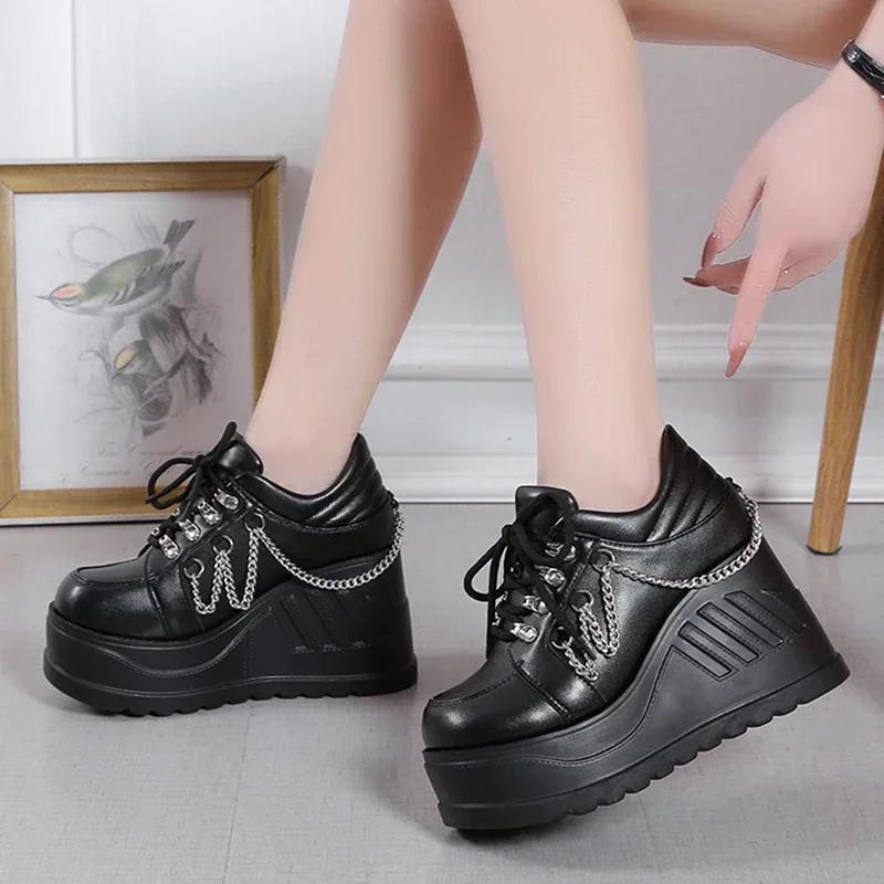 Fashion Metal Chain Punk Gothic Shoes Woman Thick Bottom High Wedge Sneakers for Women Black Chunky Platform Shoe Zapatillas De Mujer