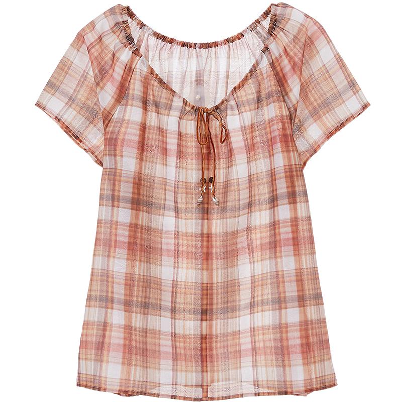 Betu Women s Retro Orange Plaid Short Sleeve Shirt S