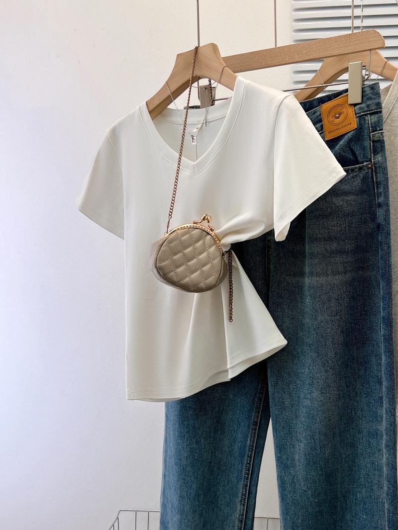 Summer pure cotton shoulder V-neck short-sleeved T-shirt women s versatile solid color pullover bottoming shirt inner top women s t S