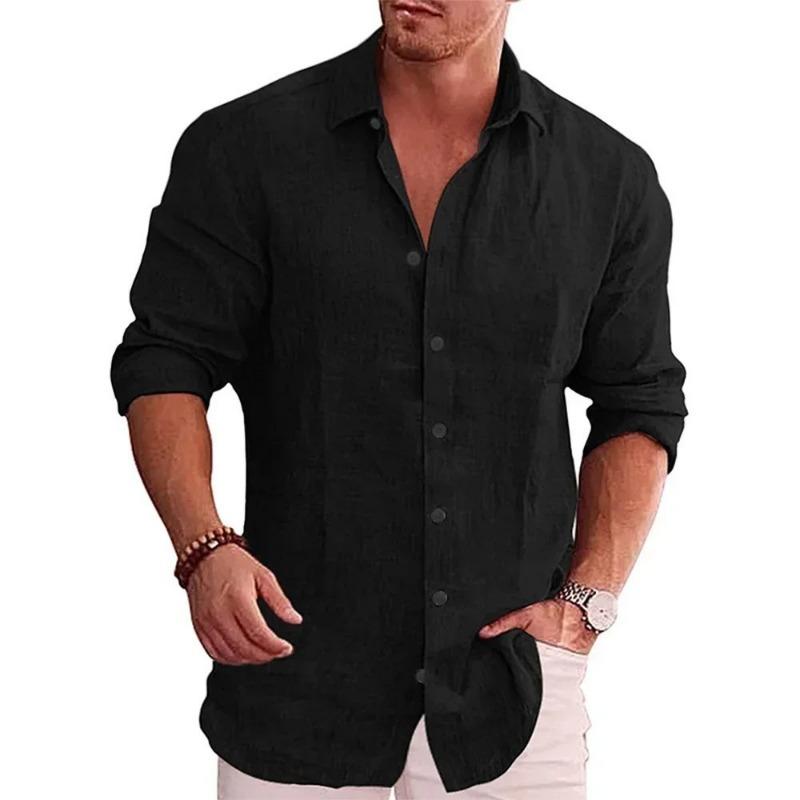 Camicia da uomo in lino a maniche lunghe con bottoni e colletto rovesciato, polsini arrotolabili, vestibilità ampia, casual, per uso quotidiano, all'aperto, da spiaggia
