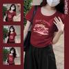 Huili Women's Dopamine Red Brush Cherry Print T-Shirt