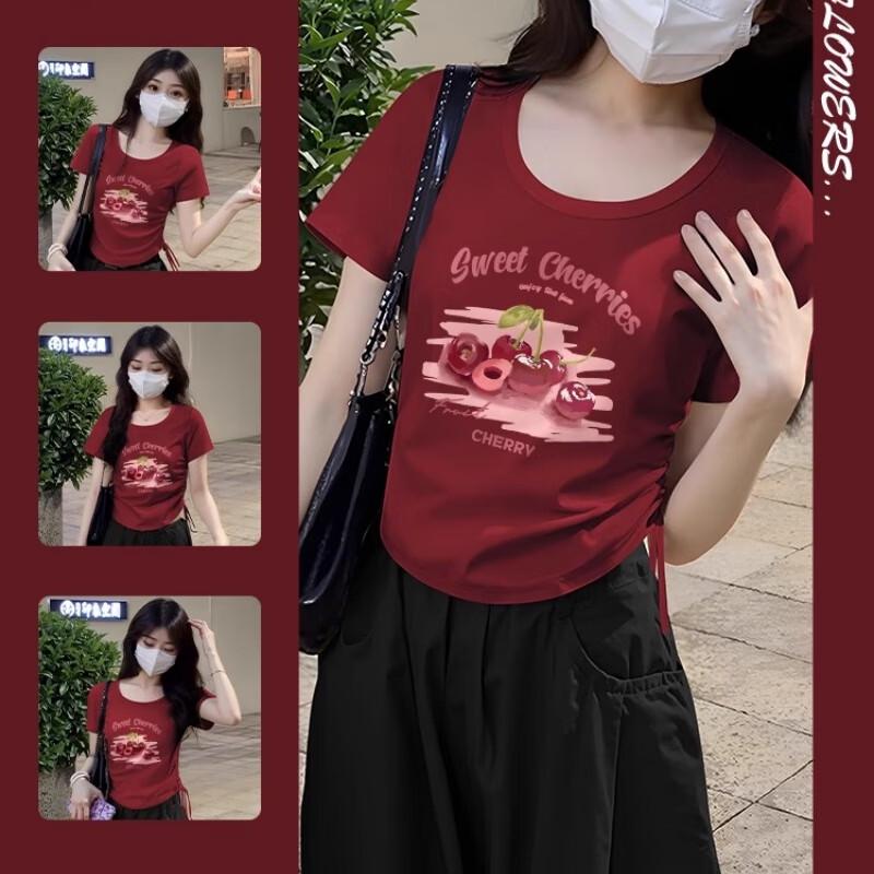 Huili Women's Dopamine Red Brush Cherry Print T-Shirt