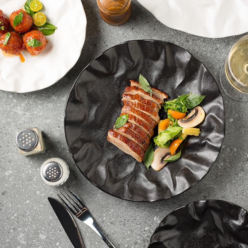 Folded Flat Plate Household Plate Restaurant Premium Dessert Plate Ceramic Plate Western Food Plate Creative Tableware Ins Style