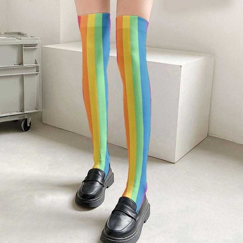 Rainbow Multicolor Striped Print Over the Knee Stockings for Women Carnivals Parties Anime Thigh High Long Socks Hosiery