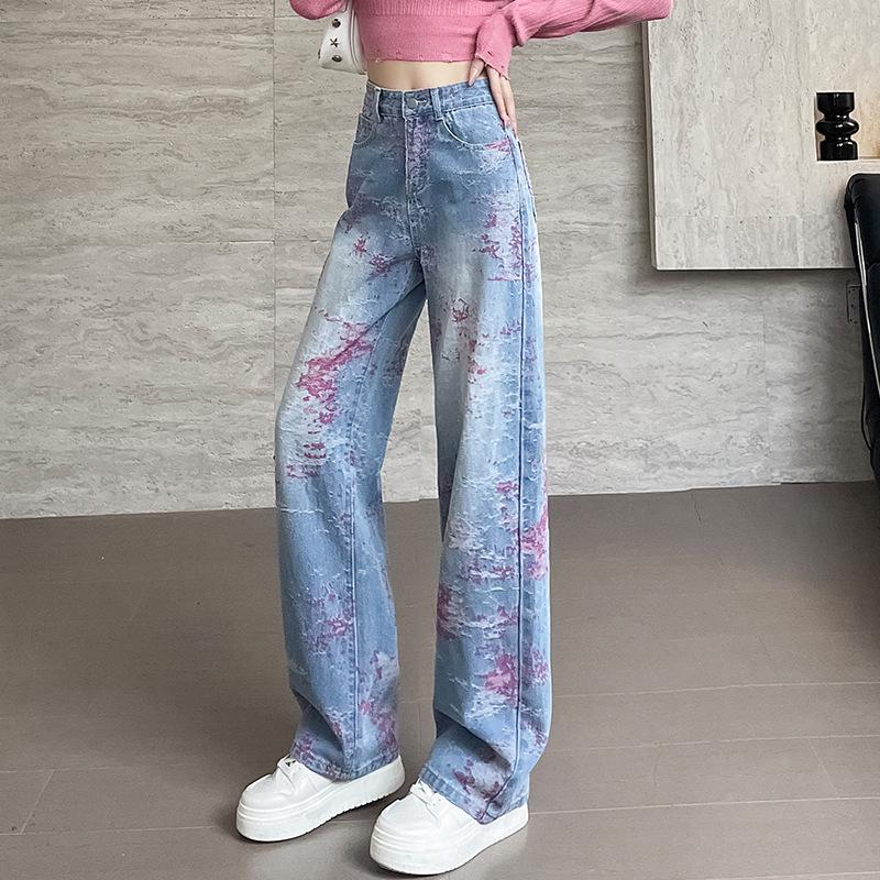 Women's Spring 2025 High Waist Jacquard Embroidered Wide Leg Jeans