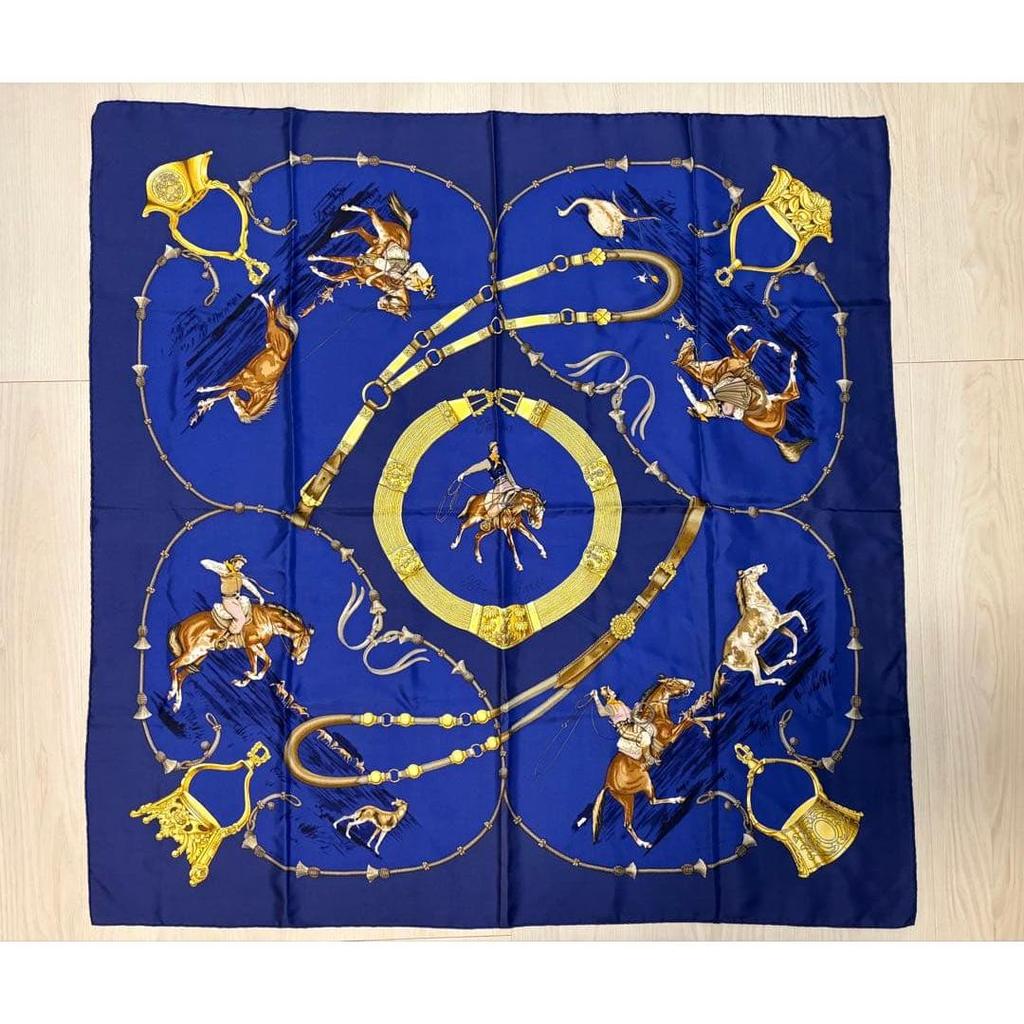 Used HERMES Scarf Kare90 Horse Tack Pattern Blue