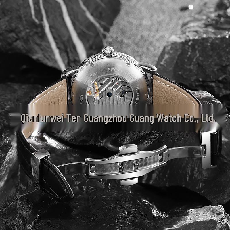 DURRENWEI Genuine Automatic Men's Skeleton Watch with Moon Phase, Luminous Display, and Waterproof Features