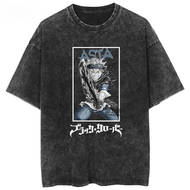 2026 Black Clover Washed Vintage Tshirt Street Hiphop Anime Casual Cotton Summer Short Sleeve
