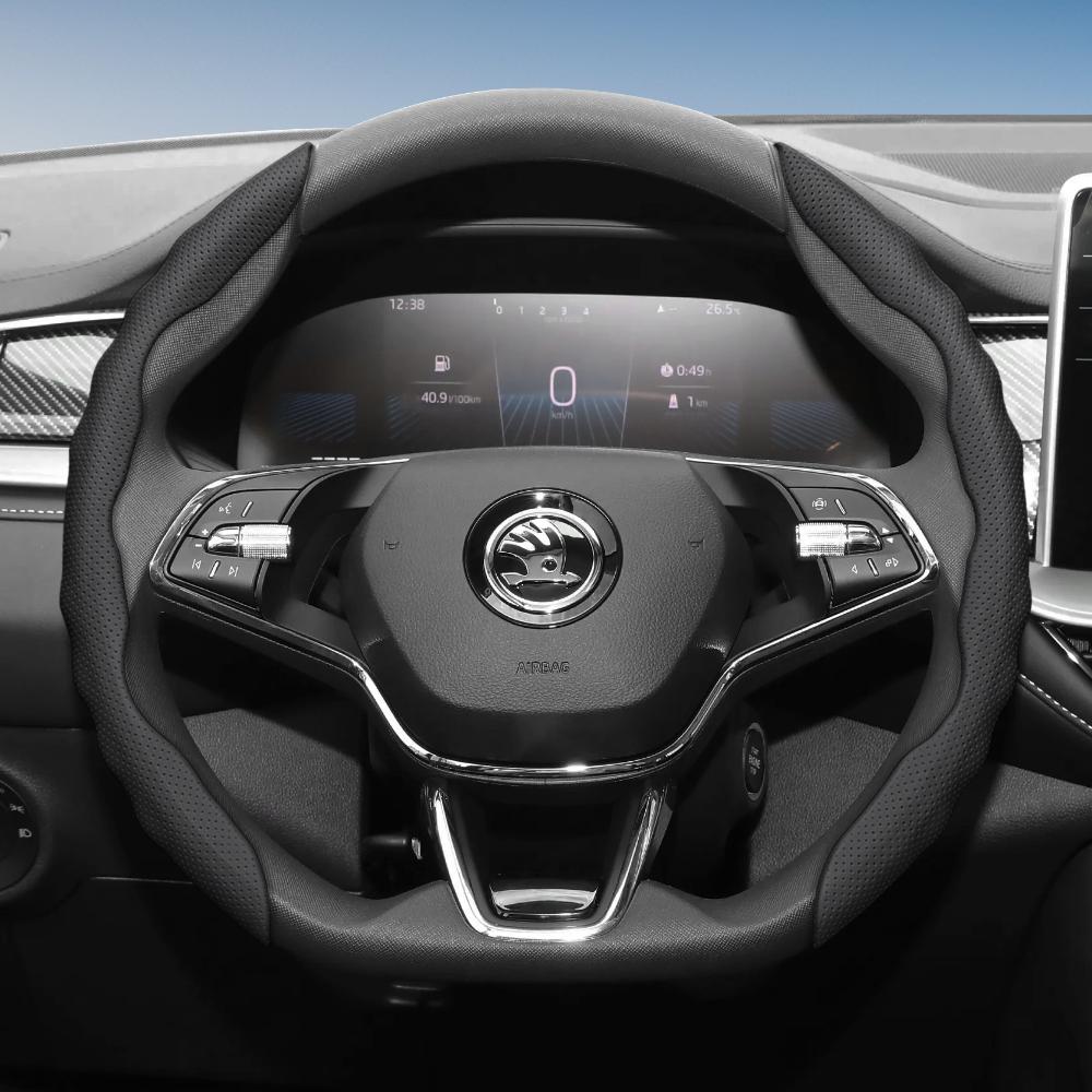 Suitable for Skoda Steering Wheel Cover with Wavy Sports Design, Breathable Leather, Segmented, Non-Slip, Sweat-Absorbent Protection for Octavia,