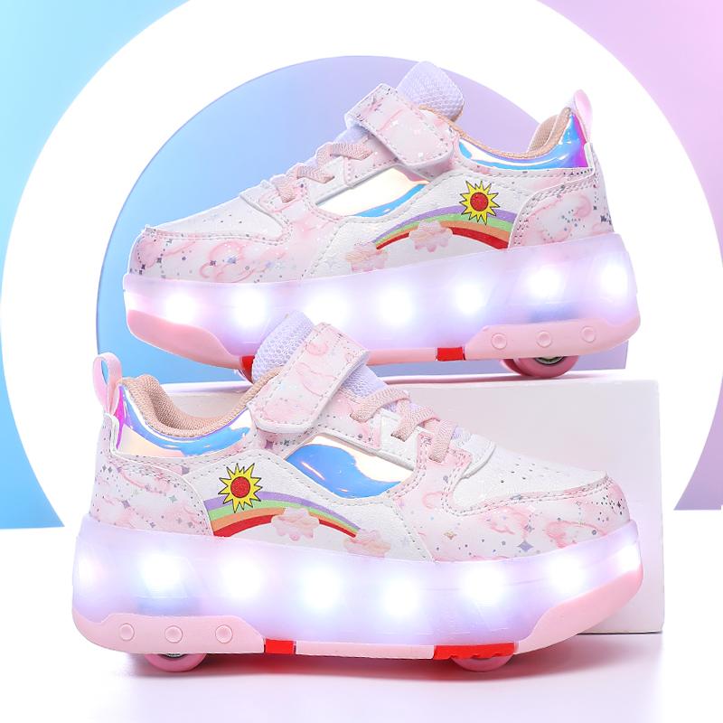 Kid's Roller Skates Removable Flat Charging LED Four Wheels Glowing Sports Shoes  Women's Glowing Sneakers