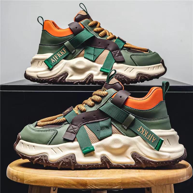 Fashion Chunky Sneakers Men Soft Sole Running Shoes Fashion Casual Leather Color Block Design Breathable Height Increased Platform Shoes