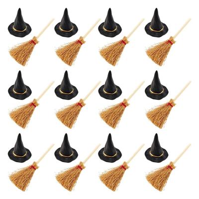 24 Pièces/Ensemble Mini Chapeau de Sorcière avec Mini Balai Balais de Paille Miniatures Plastique