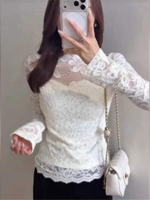 Women's 2025 Winter French Lace Long-Sleeve Mesh Base Layer Top