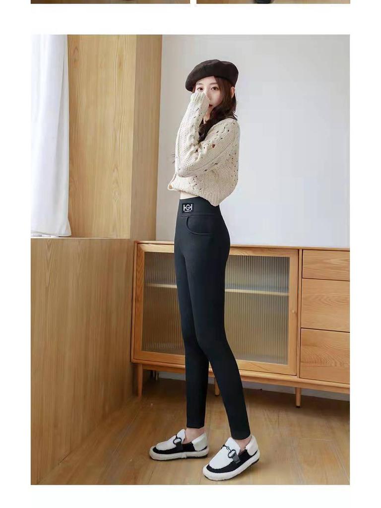 TikTok Heißer Stil Lammwolle Leggings mit Fleecefutter und HG Logo-Tasche - Warme Damen Herbst/Winter Hose