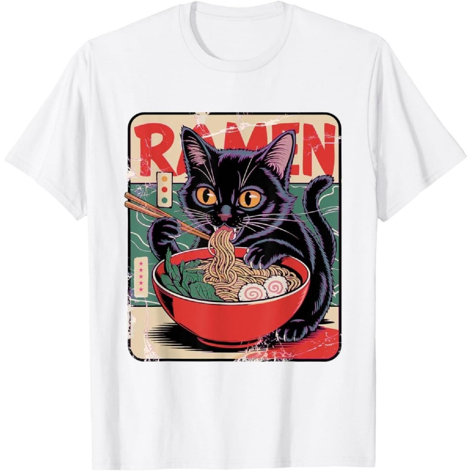 Pertmunsv Cat Ramen Anime Design for Women Men Kids Adults Funny Cat T-Shirt S